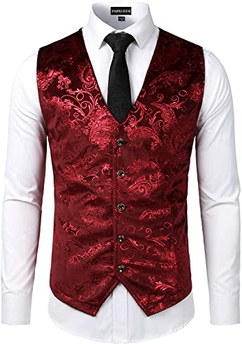 PARKLEES Herren-Weste, luxuriös, metallisch, Paisleymuster, goldfarben, bedruckt, glänzend, für Hochzeit, Abschlussball, Party, Anzug oder Smoking, burgunderfarben, S von PARKLEES