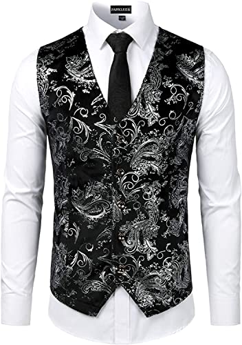 PARKLEES Luxuriöse Herren-Weste, metallisches Paisleymuster, goldfarben, glänzend, für Hochzeit, Abschlussball, Party, Anzug oder Smoking, silber, L PARKLEES Luxuriöse Herren-Weste, metallisches Paisleymuster, goldfarben, glänzend, für Hochzeit, Abschlussball, Party, Anzug oder Smoking, silber, L von PARKLEES