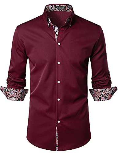 PARKLEES Herren Hipster Paisley Patchwork Design Slim Fit Langarm Knopfleiste Hemden, burgunderfarben, XXL von PARKLEES