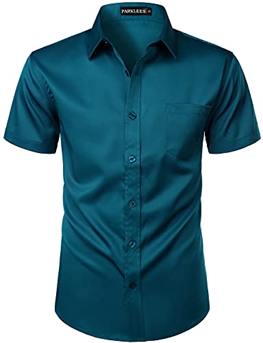 PARKLEES Herren Casual Urban Stylish Slim Fit Kurzarm Knopfleiste Kleid Hemd mit Tasche, blaugrün, S von PARKLEES