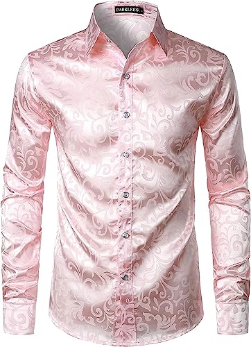 PARKLEES Luxuriöses Jacquard-Langarmhemd für Herren, schmale Passform, Satin, seidig, Blumenmuster, für Hochzeit, Party, Abschlussball, rose, L von PARKLEES