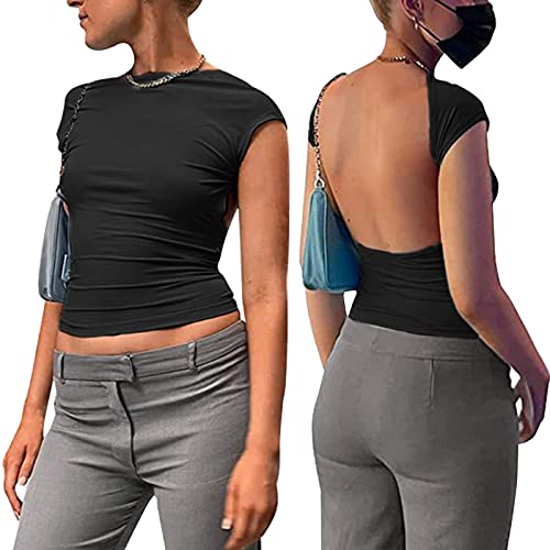 PASUDA Backless Top Damen Sommer Sexy Rückenfrei Kurzarm Crop Top Slim Fit T-Shirt Y2K Solide Farbe Rundhalsausschnitt Offener Rücken Bluse Casual Fashion Tees Streetwear (Schwarz, M) von PASUDA