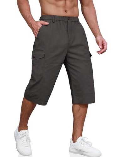 PASUDA Cargo Shorts Herren 3/4 Sommer Kurze Outdoor Bermuda Kurz Hose Atmungsaktiv Freizeitshorts Baumwolle Elastische Taille Arbeitshose mit Multi Taschen (Dunkelgrau, L) von PASUDA