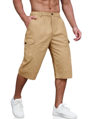 PASUDA Cargo Shorts Herren 3/4 Sommer Kurze Outdoor Bermuda Kurz Hose Atmungsaktiv Freizeitshorts Baumwolle Elastische Taille Arbeitshose mit Multi Taschen (Khaki, L) von PASUDA