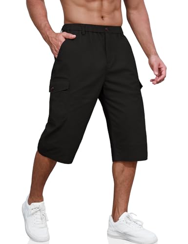 PASUDA Cargo Shorts Herren 3/4 Sommer Kurze Outdoor Bermuda Kurz Hose Atmungsaktiv Freizeitshorts Baumwolle Elastische Taille Arbeitshose mit Multi Taschen (Schwarz, M) von PASUDA