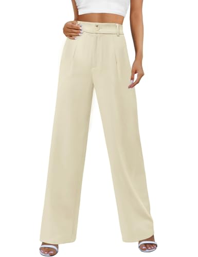 PASUDA Damen Hose Sommer Weites Bein Hight Waist Freizeithose Business Hosen Anzughose Casual Elegant Arbeitshose Geradem Loose Lang Stoffhose Sommerhose mit Taschen und Knöpfen (Beige, XL) von PASUDA