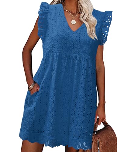 PASUDA Damen Kleider Sommer Freizeitkleider mit Tasche Elegant V Ausschnitt Flügelärmel Kleid High Waist A-Linien Sommerkleid mit Rüsche (Blau, XL) von PASUDA