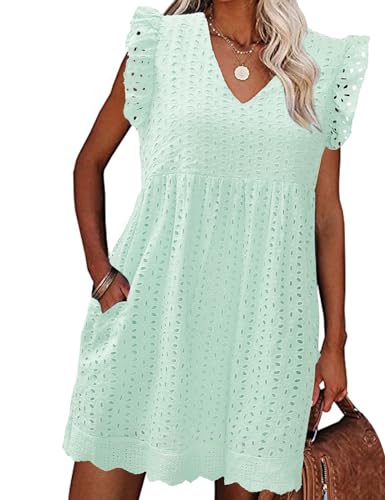 PASUDA Damen Kleider Sommer Freizeitkleider mit Tasche Elegant V Ausschnitt Flügelärmel Kleid High Waist A-Linien Sommerkleid mit Rüsche (Grün, M) von PASUDA