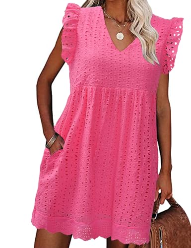 PASUDA Damen Kleider Sommer Freizeitkleider mit Tasche Elegant V Ausschnitt Flügelärmel Kleid High Waist A-Linien Sommerkleid mit Rüsche (Rosa, XL) von PASUDA