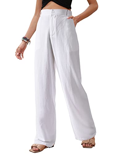 PASUDA Damen Leinenhose Sommer Weites Bein High Waist Sommerhose Einfarbig Freizeithose Geradem Lose Hosen mit Taschen Bequeme Lang Stoffhose Elastischer Bund (Weiß, L) von PASUDA