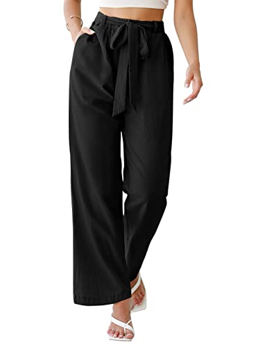 PASUDA Hose Damen Sommer Freizeithose Elegant Baumwolle Leinenhose Elastischer Bund Weites Bein Loose Fit Trousers High Waist mit Taschen Hosen Trousers (Schwarz, XL) von PASUDA