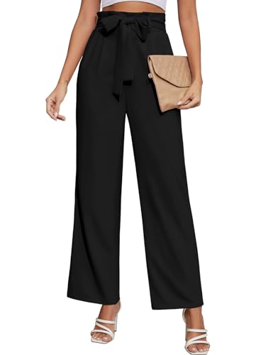 PASUDA Hose Damen Sommer Weites Bein Freizeithose Elastische Hohe Taille Business Arbeitshose Casual Hosen Anzughose Elegant Hose Sommerhose mit Taschen und Verstellbare Träger (Schwarz, M) von PASUDA