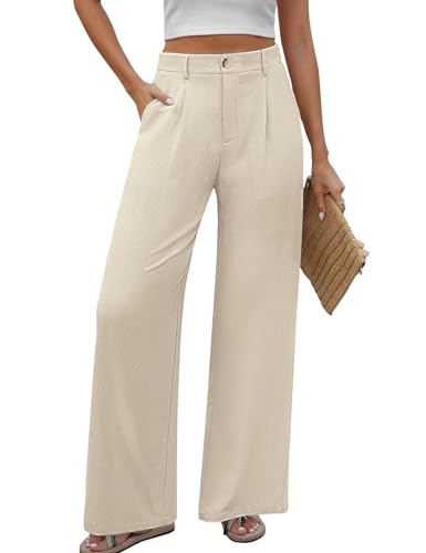 PASUDA Hose Damen Sommer Weites Bein Freizeithose Hight Waist Geradem Sommerhose Bequeme Leichte Lässige Anzughose Hosen mit Taschen, Knopfleiste (Beige, S) von PASUDA