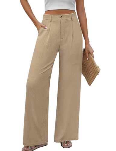 PASUDA Hose Damen Sommer Weites Bein Freizeithose Hight Waist Geradem Sommerhose Bequeme Leichte Lässige Anzughose Hosen mit Taschen, Knopfleiste (Khaki, XL) von PASUDA