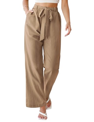 PASUDA Hose Damen Sommer Weites Bein Hosen Elegant Baumwolle Leinenhose High Waist Elastischer Freizeithose Sommerhose Lang Loose Fit Trousers mit Taschen (Khaki, L) von PASUDA