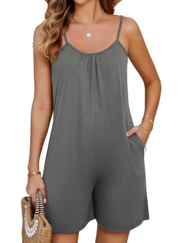 PASUDA Jumpsuit Damen Sommer Casual Ärmellos Jumpsuit Kurzer Overall V-Ausschnitt Lose Einteiler Latzhose mit Taschen, Damen Kurz Breites Hosenbein Playsuit Romper (Grau, XXL) von PASUDA