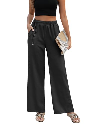 PASUDA Leinenhose Damen Sommer Hose Weites Bein Baumwolle Leinen Hose High Waist Geradem Lose Casual Sommerhose Freizeithose mit Kordelzug Taschen Elastischer Bund Stoffhose Lang Bequeme (Schwarz, L) von PASUDA