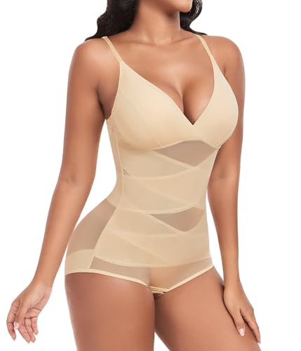 PASUDA Shapewear Damen Body Bauchweg Stark Formend Bodysuit mit Eingebauter BH Figurenformend Sexy Formbody Body Shaper Miederbody mit Bein Taillenformer Shaping Bodysuit (Haut, L) von PASUDA