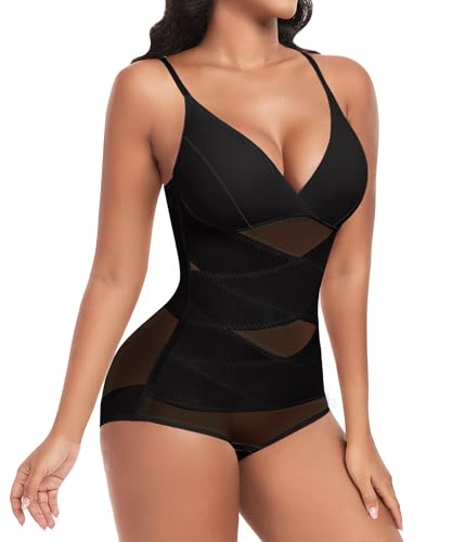 PASUDA Shapewear Damen Body Bauchweg Stark Formend Bodysuit mit Eingebauter BH Figurenformend Sexy Formbody Body Shaper Miederbody mit Bein Taillenformer Shaping Bodysuit (Schwarz, XL) von PASUDA