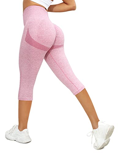 PASUDA Sport Leggings Damen Capri 3/4 Lang High Waist Yoga Leggins Push Up Blickdicht Elastische Fitness Yogahose Jogging Shape Gym Sporthose Workout Pants (Rosa, XL) von PASUDA