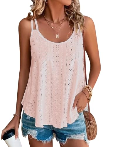 PASUDA Tank Top Damen Sommer Spaghetti Oberteile Cami Tanktop Ärmellos Rundhalsausschnitt Träger Tops Loose Bequem Atmungsaktiv Fließend Shirt (Rosa, M) von PASUDA