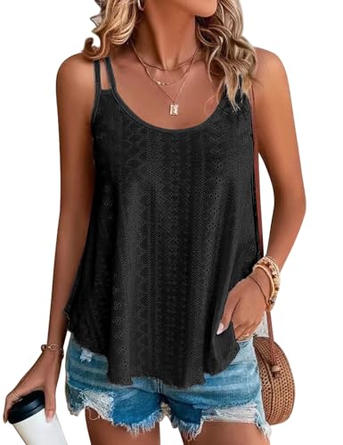 PASUDA Tank Top Damen Sommer Spaghetti Oberteile Cami Tanktop Ärmellos Rundhalsausschnitt Träger Tops Loose Bequem Atmungsaktiv Fließend Shirt (Schwarz, L) von PASUDA