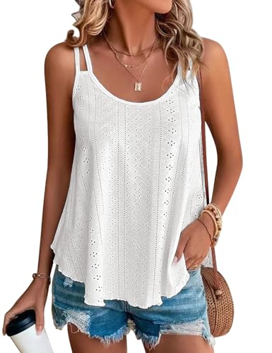 PASUDA Tank Top Damen Sommer Spaghetti Oberteile Cami Tanktop Ärmellos Rundhalsausschnitt Träger Tops Loose Bequem Atmungsaktiv Fließend Shirt (Weiß, S) von PASUDA