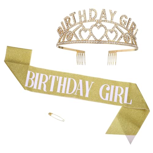 PATIKIL Geburtstagskrone, Geburtstagsband und Geburtstags-Tiara-Stirnband Happy Birthday Queen Band Strass für Frauen Erwachsene Party, Weiß Gold von PATIKIL