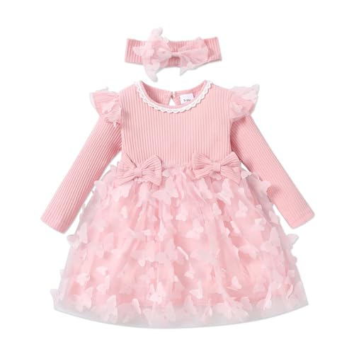 PATPAT Baby Mädchen Kleid Langarm Tutu Kleid Kleinkind Mädchen Tüllkleid Blumenmädchen Weihnachtsfeier Geburtstagsprinzessin Kleider Hellrosa 6-9 Monate von PATPAT