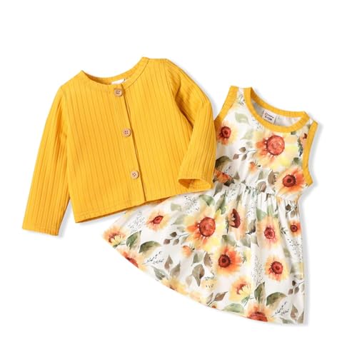 PATPAT Baby Mädchen Kleid und Strickjacke Sets, 2 Stück, Baby Mädchen Blumenmuster Kleid und Langarm Strickjacken-Set GELB 6-9 Monate von PATPAT