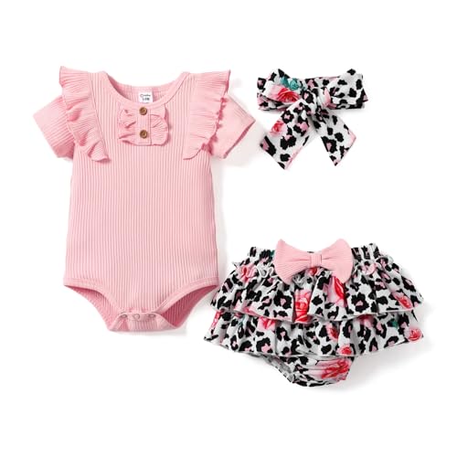 PATPAT Baby Kleidung Mädchen Neugeborenen Girl Kleidung Strampler, Baumwolle Rüschen Ärmel + Blumen Shorts Set + Stirnband Bekleidungssets 93% Cotton, 0-18 Monate Sommer von PATPAT