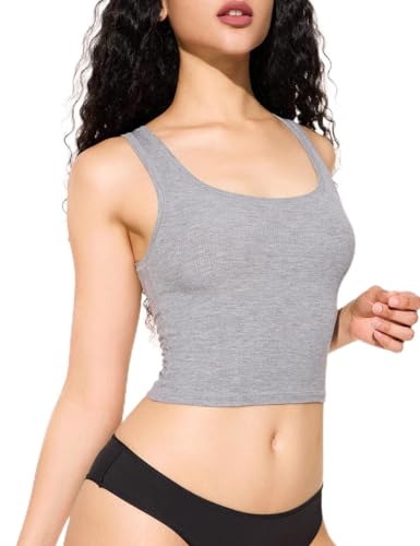 Damen Basic Ärmelloses Crop Top Shirt Gerippt U-Ausschnitt Casual Sommer Kleidung, GRAU, Klein von PATTERN HOUR