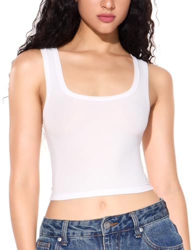 Damen Basic Ärmelloses Crop Top Shirt Gerippt U-Ausschnitt Casual Sommer Kleidung, Weiss/opulenter Garten, X-Klein von PATTERN HOUR