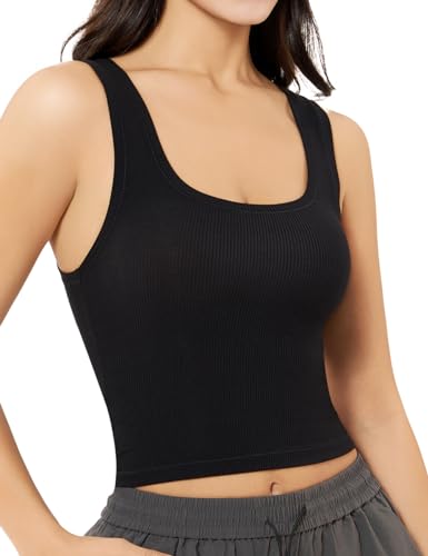 Damen Basic Ärmelloses Crop Top Shirt Gerippter Quadratischer Ausschnitt Lässige Sommerkleidung, Schwarz, Klein von PATTERN HOUR