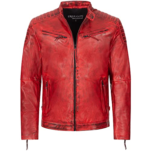 PAULGOS Herren Lederjacke Echtes Leder Jacke Echtleder Übergangsjacke Fashion in 5 Farben Gr. S-7XL Design 2 (DE/NL/SE/PL, Alphanumerisch, XL, Regular, Regular, Rot) von PAULGOS