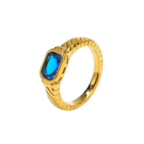 PAURO Damen Edelstahl Zierliche kleine quadratische CZ Hochzeit Band Ring stapelbar Gold Hellblau Größe 60 (19.1) von PAURO