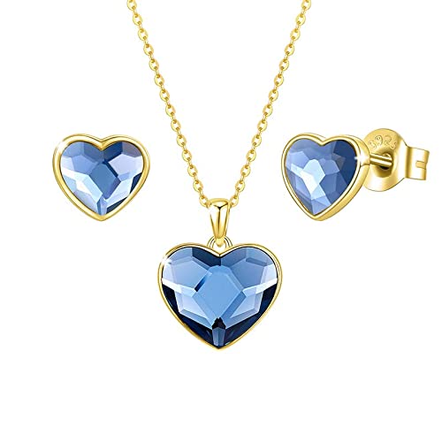 PAVELS Schmuckset HERZENSKRISTALL blau 14K Gold plattiert Kette mit Ohrstecker für Damen Goldschmuck Mädchen Jugendliche Herzschmuck Herzschmuckset Set inkl. Schmuckbox von PAVELS