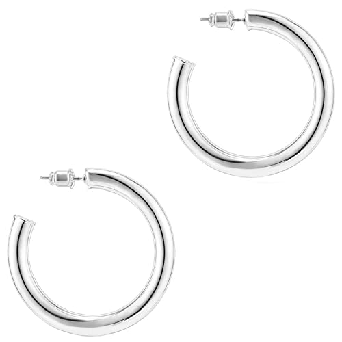 PAVOI 14K White Gold Colored Lightweight Chunky Open Hoops | 30mm White Gold Hoop Earrings for Women von PAVOI