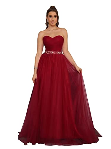 PCBROS Abendkleid, lang, Bustier, rückenfrei, mit Schleppe, Prinzessinnenkleid aus Tüll, bordeaux, 44 von PCBROS