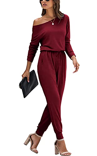 PCEAIIH Damen Jumpsuit Lange Ärmel Elegant Schulterfrei Lose Playsuit Dehnbar Overall Hosenanzug Elastische Taille Romper mit Taschen 2XL Weinrot von PCEAIIH