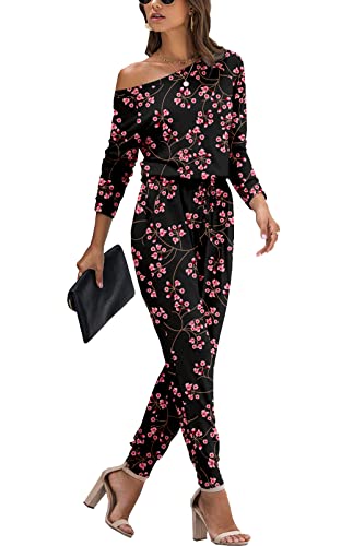 PCEAIIH Damen Jumpsuit Lange Ärmel Elegant Schulterfrei Lose Playsuit Dehnbar Overall Hosenanzug Elastische Taille Romper mit Taschen XL Gypsophila Schwarz von PCEAIIH