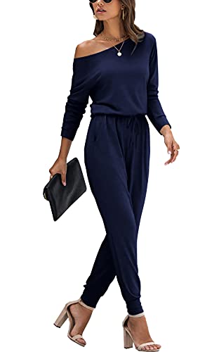 PCEAIIH Damen Jumpsuit Lange Ärmel Elegant Schulterfrei Lose Playsuit Dehnbar Overall Hosenanzug Elastische Taille Romper mit Taschen XL Marineblau von PCEAIIH