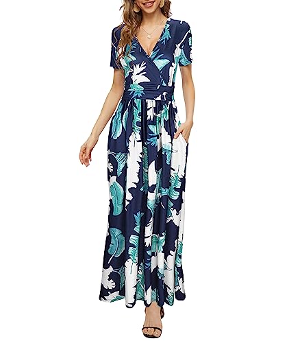 PCEAIIH Damen Kurzarm V-Ausschnitt Kleider Casual Boho Kleid Maxikleid mit Taschen Cocktailkleid Partykleid L Grünes Blatt von PCEAIIH