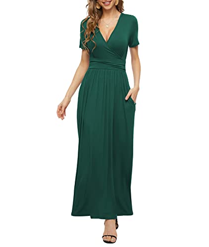 PCEAIIH Damen Kurzarm V-Ausschnitt Kleider Casual Boho Kleid Maxikleid mit Taschen Cocktailkleid Partykleid M Dunkelgrün von PCEAIIH