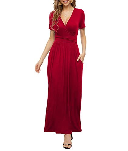 PCEAIIH Damen Kurzarm V-Ausschnitt Kleider Casual Boho Kleid Maxikleid mit Taschen Cocktailkleid Partykleid XXL Rot von PCEAIIH