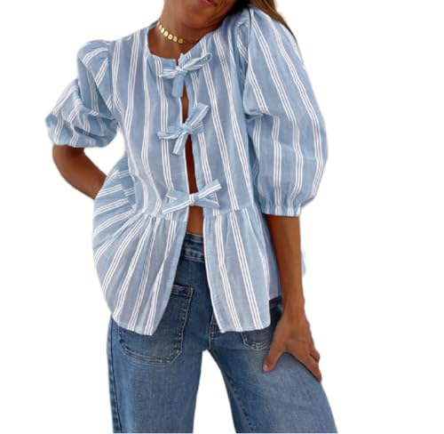 Damen Y2K Puff Kurzarm Schößchen-Shirts, gebunden vorne, Rüschensaum, Babydoll-Bluse, Tops, Teenager-Mädchen, Schnürung, gestreift, Bedruckt, Sommer-Tops (Blue, M) von PDYLZWZY