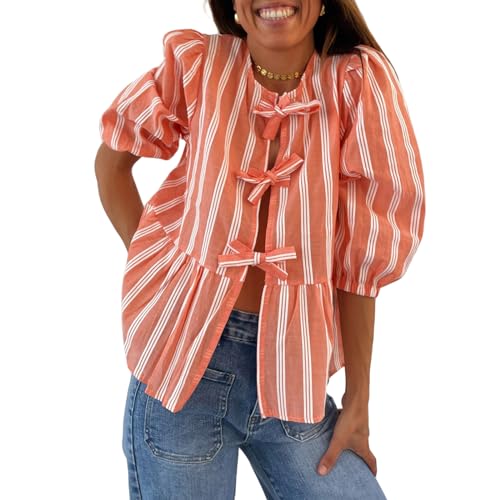 Damen Y2K Puff Kurzarm Schößchen-Shirts, gebunden vorne, Rüschensaum, Babydoll-Bluse, Tops, Teenager-Mädchen, Schnürung, gestreift, Bedruckt, Sommer-Tops (Orange, L) von PDYLZWZY