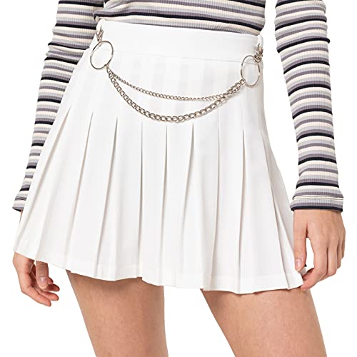 Mädchen Damen Hoch taillierter Faltenrock A-Linie Minirock Skater Tennis Schuluniform Röcke mit Kette Plus Size (Weiß, XS) von PDYLZWZY