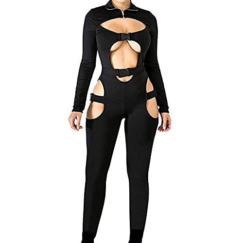 PDYLZWZY Damen Bodycon Jumpsuit mit Schnalle High Neck Strampler Langarm Aushöhlen Kurzer Strampler Clubwear Y2K Streetwear (z5, 3XL) von PDYLZWZY