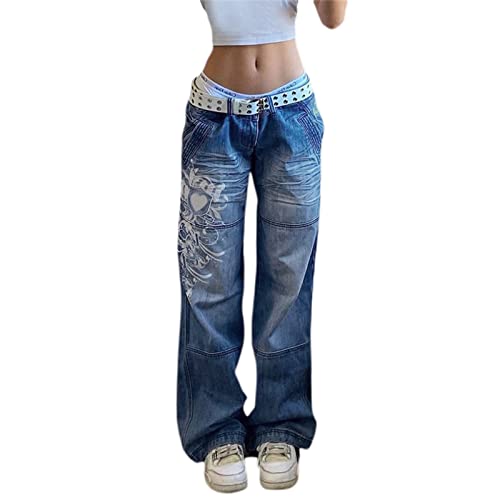 PDYLZWZY Damen Weite Baggy Jeans Hohe Taille Gerade Denimhose Schlaghosen Boyfriend E-Girl Hosen Vintage Streetwear (Blau, M) von PDYLZWZY